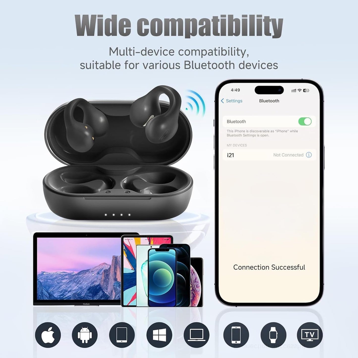 Wireless Earbuds, Clip on Headphones Over-Ear with Touch Control 13mm Speakers Stereo Sound Open Ear Buds IP5 Waterproof Sport Bluetooth Earphones 40H Playback Headset for Work Fitness