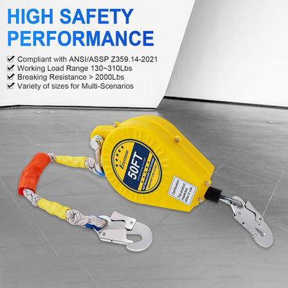 Encreese Self-Retractable Fall Arrester 50FT Double Locking Fall Arrest Protector Fall Protection Gear, Dual Alloy Steel PPE Shell Heavy Duty Hook Cable Wire Rope Roofing Lifeline Safety Lanyard