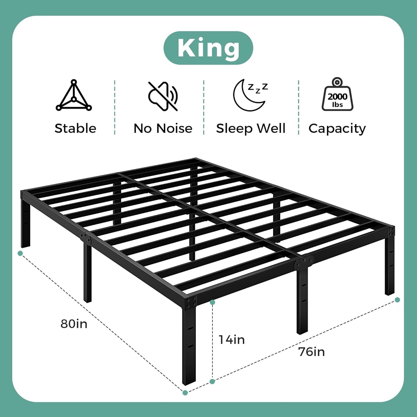King Size Bed Frame, 14 Inch King Bed Frame with Underbed Storage, Heavy Duty Metal Platform Bed Frame No Box Spring Needed, Noise Free - Easy Assembly