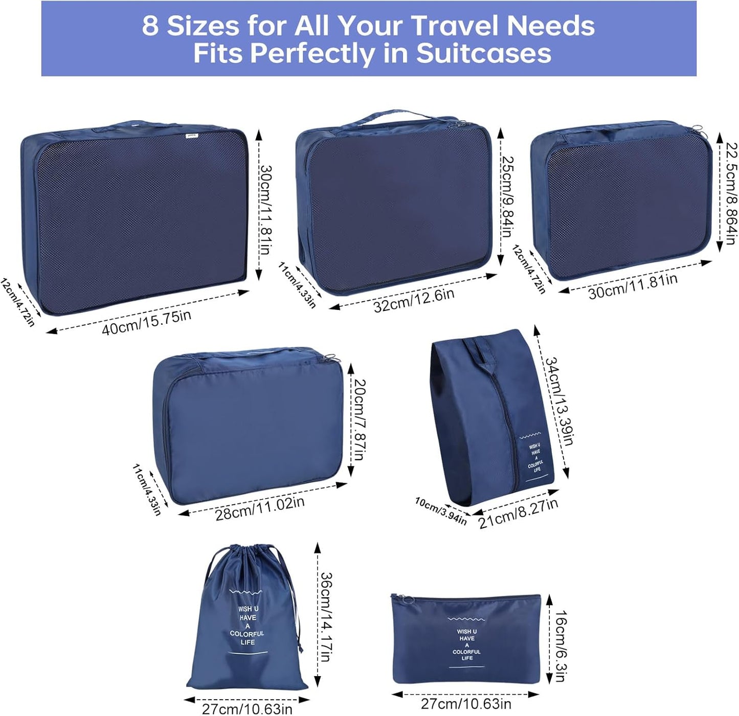 Packing Cubes Travel Bag Polyester 7 Pieces Lightweight Waterproof Space Saving Travel Bag Organizer (Dark Blue)