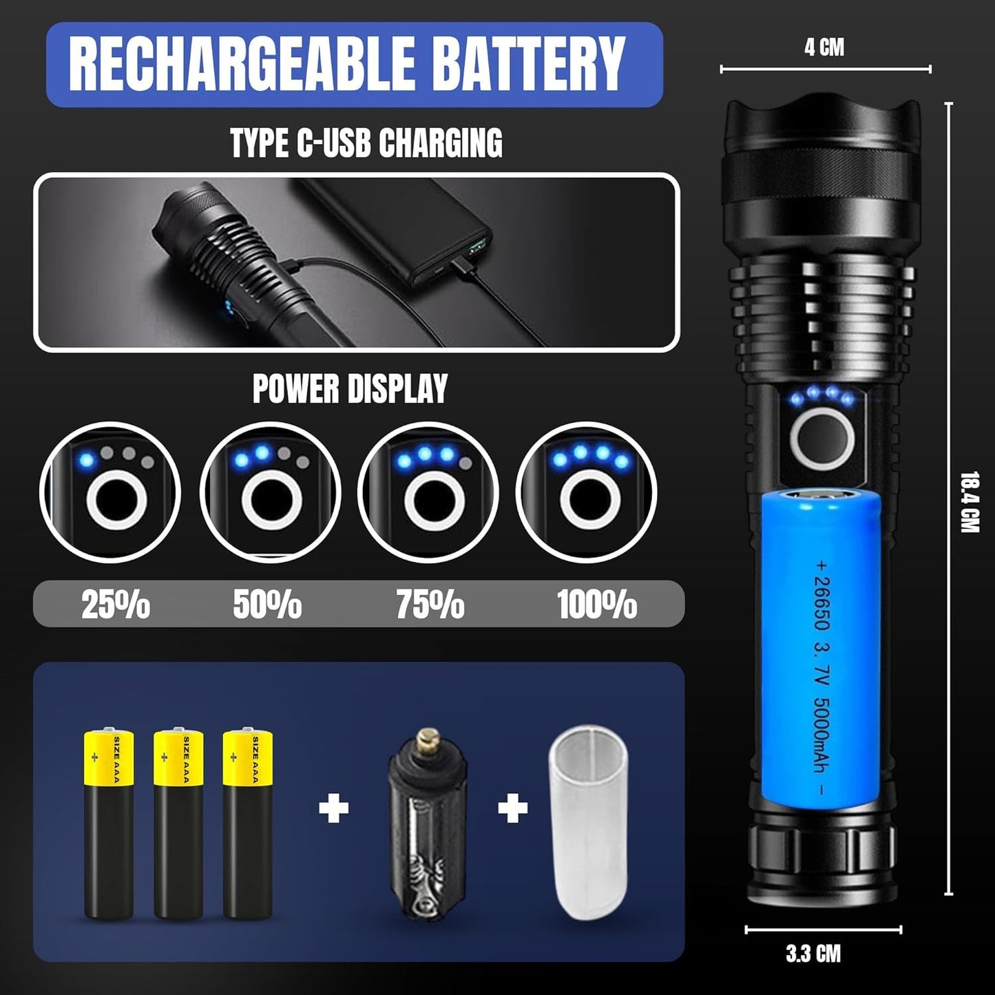 JB-arc LED Rechargeable Flashlight 10000LM Handheld Water Resistant Torch with Telescopic Zoom Perfect for Camping Hiking Outdoor and Emergency Night Light