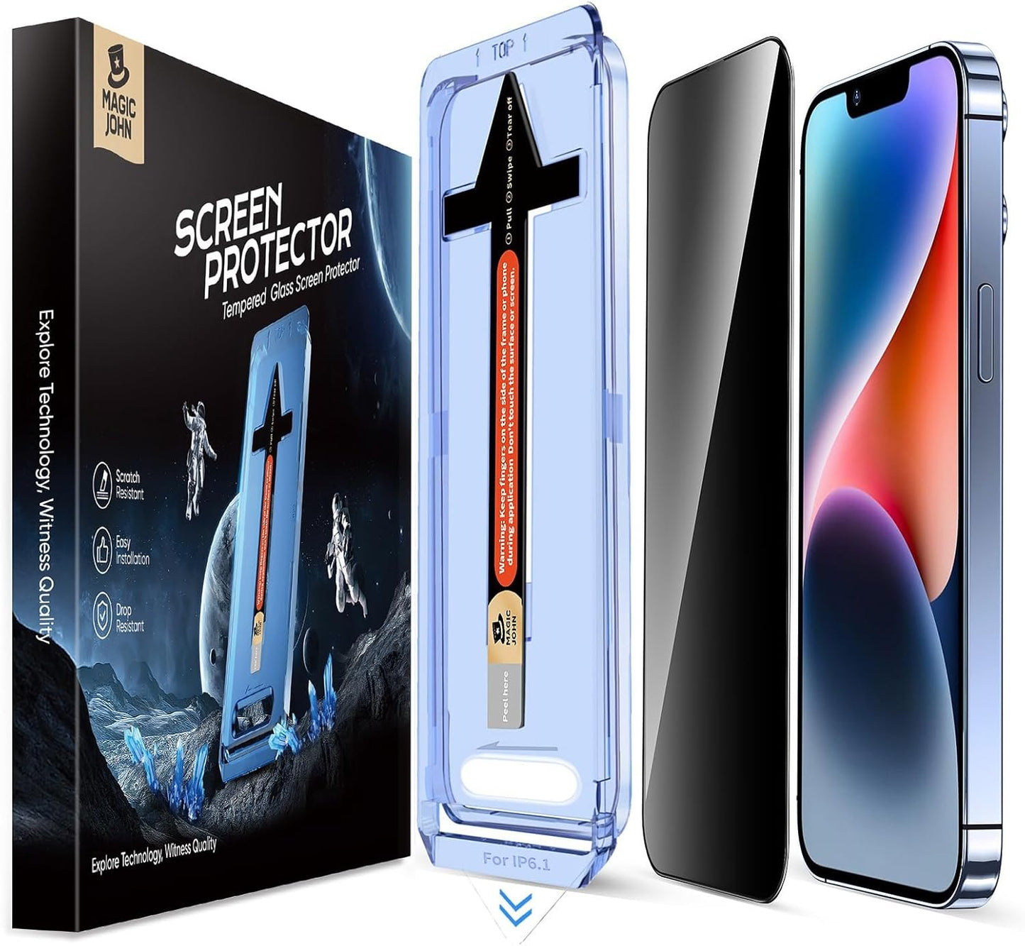 MAGIC JOHN 2 Pack for iPhone 13/13Pro/14 6.1 inch Privacy Glass Screen Protector, Auto Dust-Elimination,Easy Installation