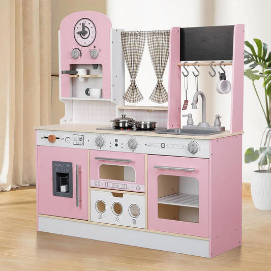 EDUBEBO Kids Kitchen playset, Wooden Play Kitchen, Height Adjustable, Comes with Various Kitchen Accessories, Ideal Role Play Toy Gift for Toddlers and Kids Ages 3-8 (Pink)