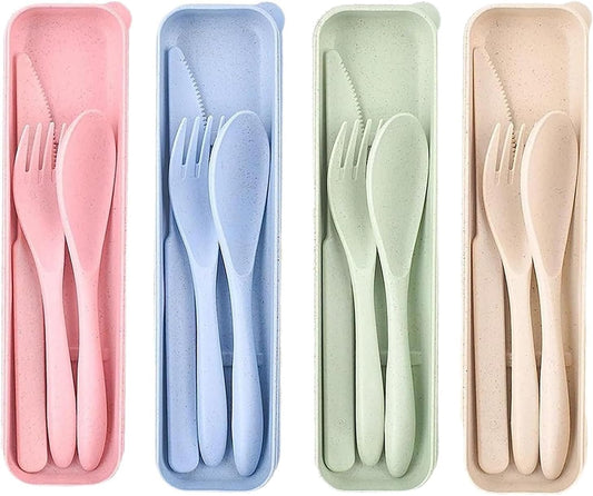 MBLAQ 4Set Wheat Straw Portable Cutlery, 4 Knife Fork Spoon Set, Wheat Straw Reusable Utensils, Travel Picnic Camping Utensils