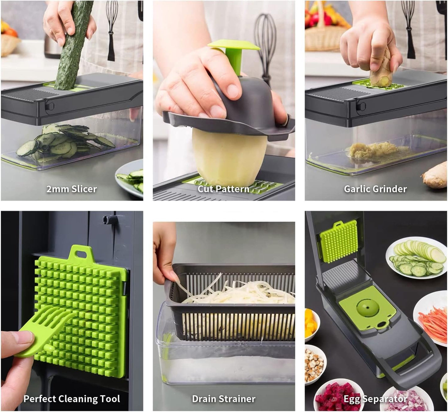 Vegetable Chopper Cutter Slicer Multifunctional 13-in-1 Food Veggie Onion Potato Fruit Chopper Cutter Dicer with Container, 8 Interchangable Blades, Hand Protector, Drain Strainer, Cleaning Brush