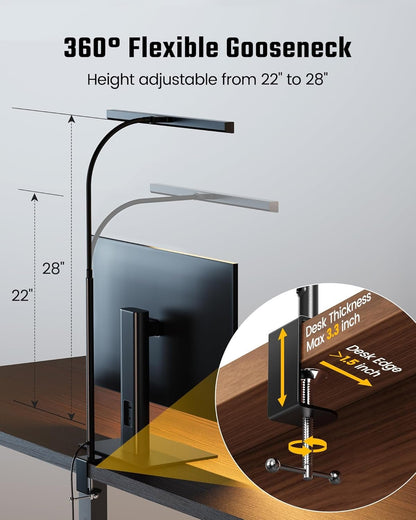 LED Desk Lamp for Office Home, SUPERDANNY Eye-Caring Desk Light with Adjustable Gooseneck, 12W Touch Control Dimmable Brightness, Architect Clamp Lamp with USB Adapter for Reading Study Workbench