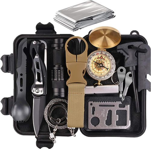 Pepego Survival Kit,13 in 1 Survival Gear and Equipment, First Aid Kit with Survival Emergency Knife Blanket Flashlight Compass Multispork Whistle Screwdriver for Camping Adventures
