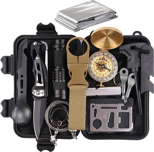 Pepego Survival Kit,13 in 1 Survival Gear and Equipment, First Aid Kit with Survival Emergency Knife Blanket Flashlight Compass Multispork Whistle Screwdriver for Camping Adventures