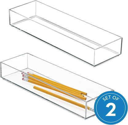 iDesign Clarity Drawer Organizer, Kitchen and Bathroom Organization Silverware, Spatulas, Gadgets, 4 x 12 x 2 Inches - Clear, Pack of 2