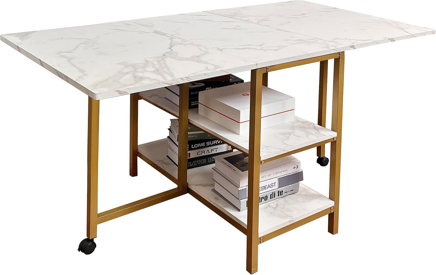 AT-VALY Folding Dining Table with 2 Storage Open Shelf Drop Leaf Extension Dining Table Top Folding 15.7" to 55.1" Kitchen Table (Gold)