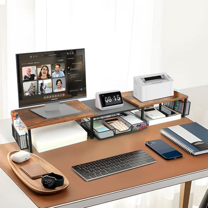 OPNICE Desk Dual Monitor Stand Riser - Desk Organizer with Drawer and Pen Holders, Office Desk Accessories & Workspace Organizers, Office Organization Computer Monitor Stand for Laptop, Printer, TV,