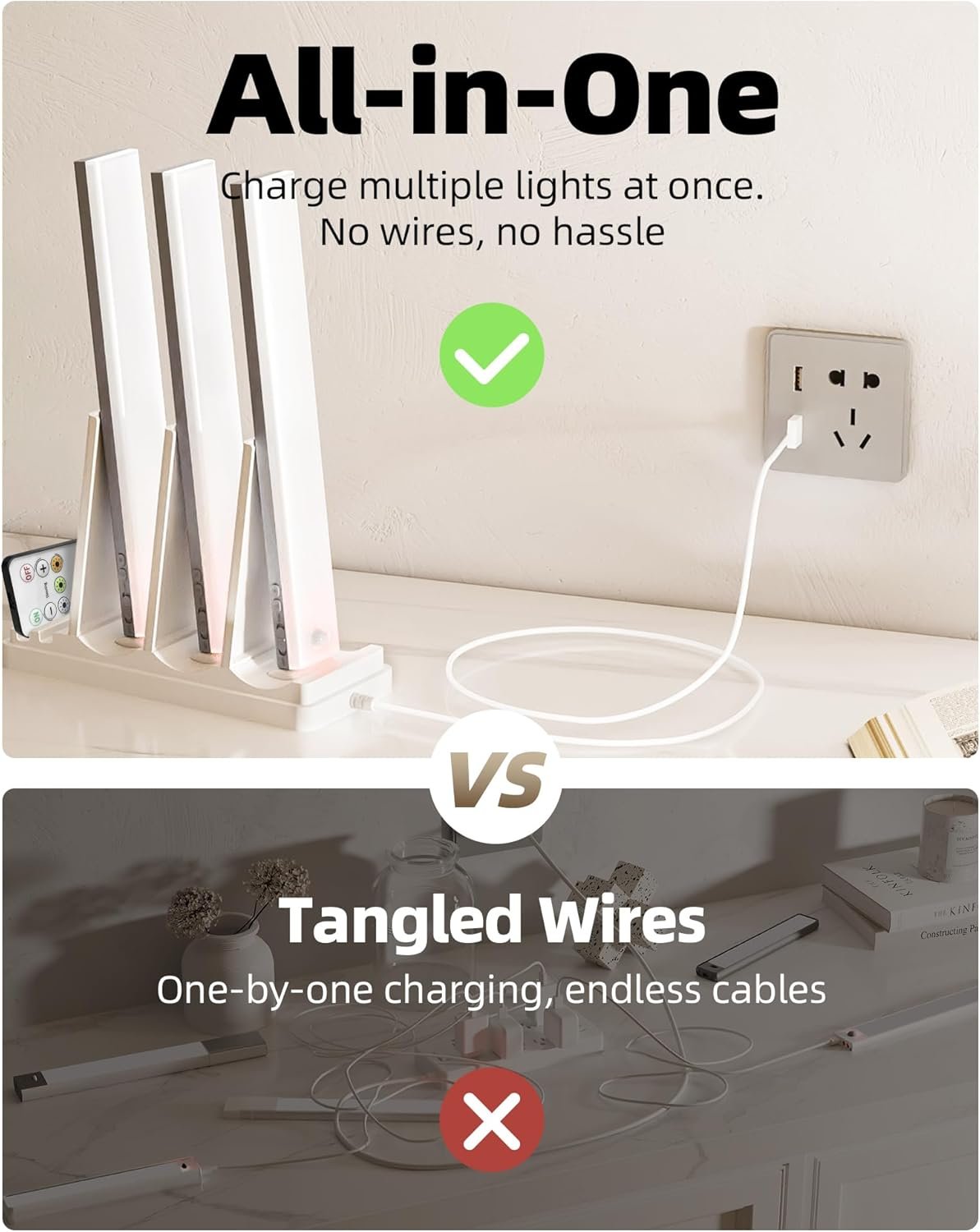 EZVALO 6-Pack Under Cabinet Lighting with Charging Station, Rechargeable Motion Sensor Lights, 3 Color Temps, Dimmable 62 LED Wireless Motion Activated Cabinet Lights with Remote for Kitchen,Pantry