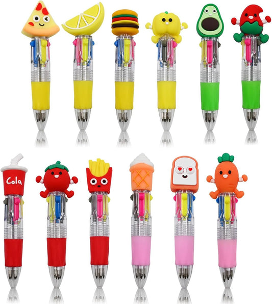 12 PCS Kids Multi-Coloured Ballpoint Pens, Cute 4-in-1 Retractable Gel Pens, Mini Cartoon Pen For Kids Students Teacher Classroom School Home Stationery, Fun Pens for Birthday Party Favor Gifts