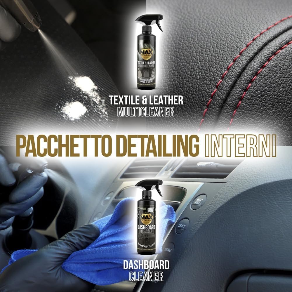 MAX DETAIL-LAB - Detailing Pack - Car Cleaning Kit with Washing Accessories Included, Interior Exterior Products, Shampoo, Rim Cleaner, Seats, Wax, Glasses, Dashboard, Renews Black Rubber Plastics