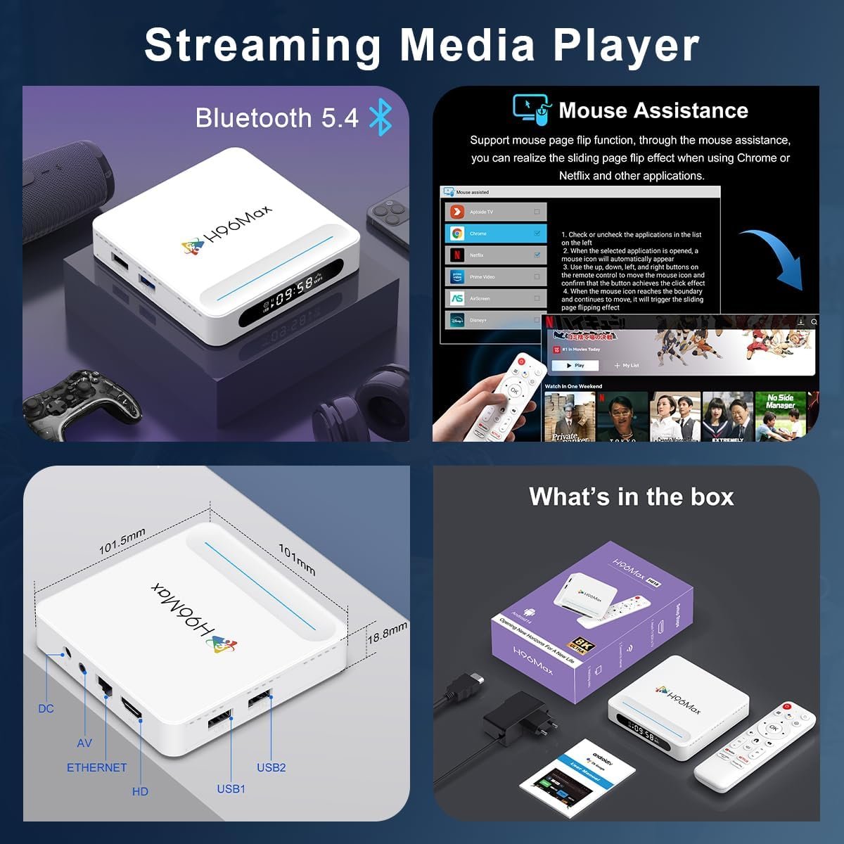 Android 14.0 TV Box 2025, LEFFOT H618 Plus 8K UHD Streaming Device for TV, 4GB RAM/128GB ROM, Smart TV Box with HDR10+, 2.4G/5G Dual-Band WiFi 6, BT 5.0, Voice Control, Allwinner H618 Quad core A53