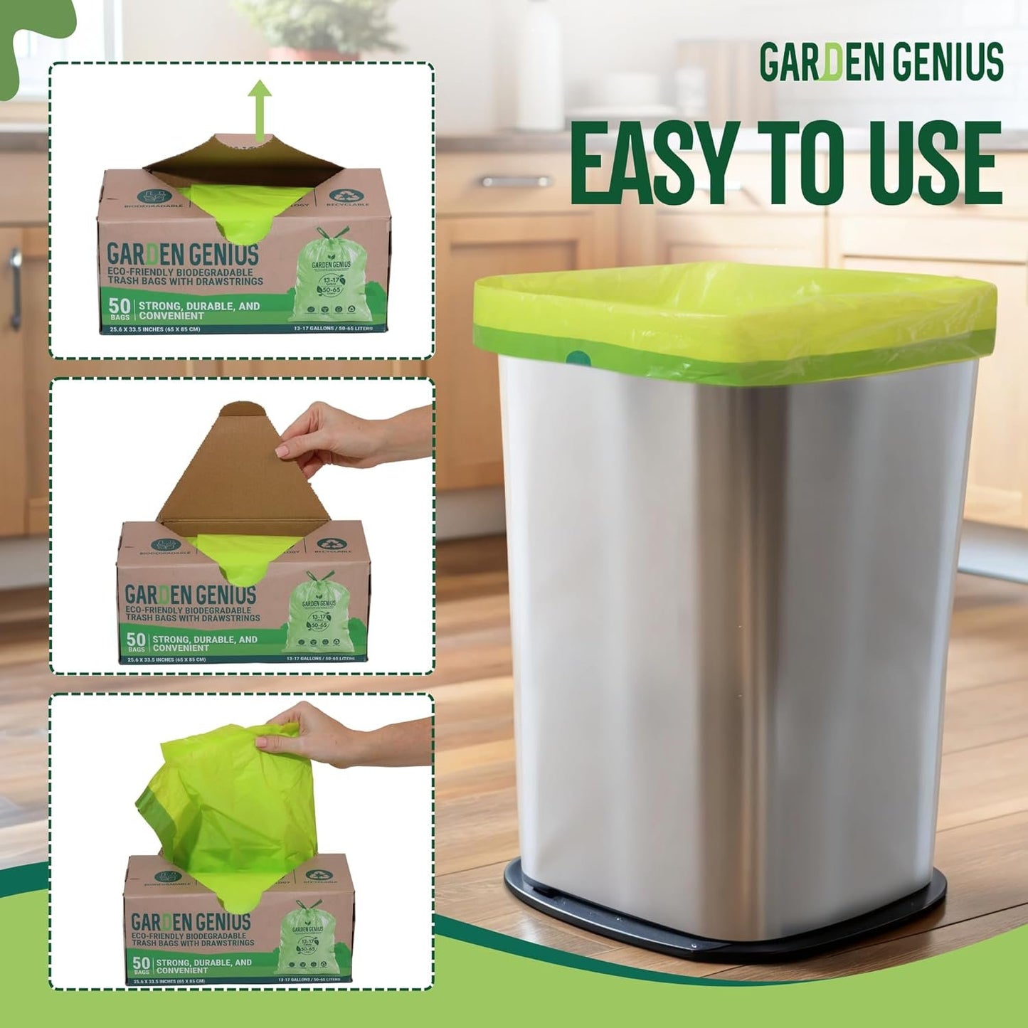 Biodegradable 13-17 Gallon Code-Q Kitchen Waste Bags (50 Pack) | Strong Heavy-Duty Tall Trash Bags w/Drawstring | Fits Simplehuman & Standard Cans | Eco-Friendly D2W, 30 Micron Thick | 25.6" x 33.5"