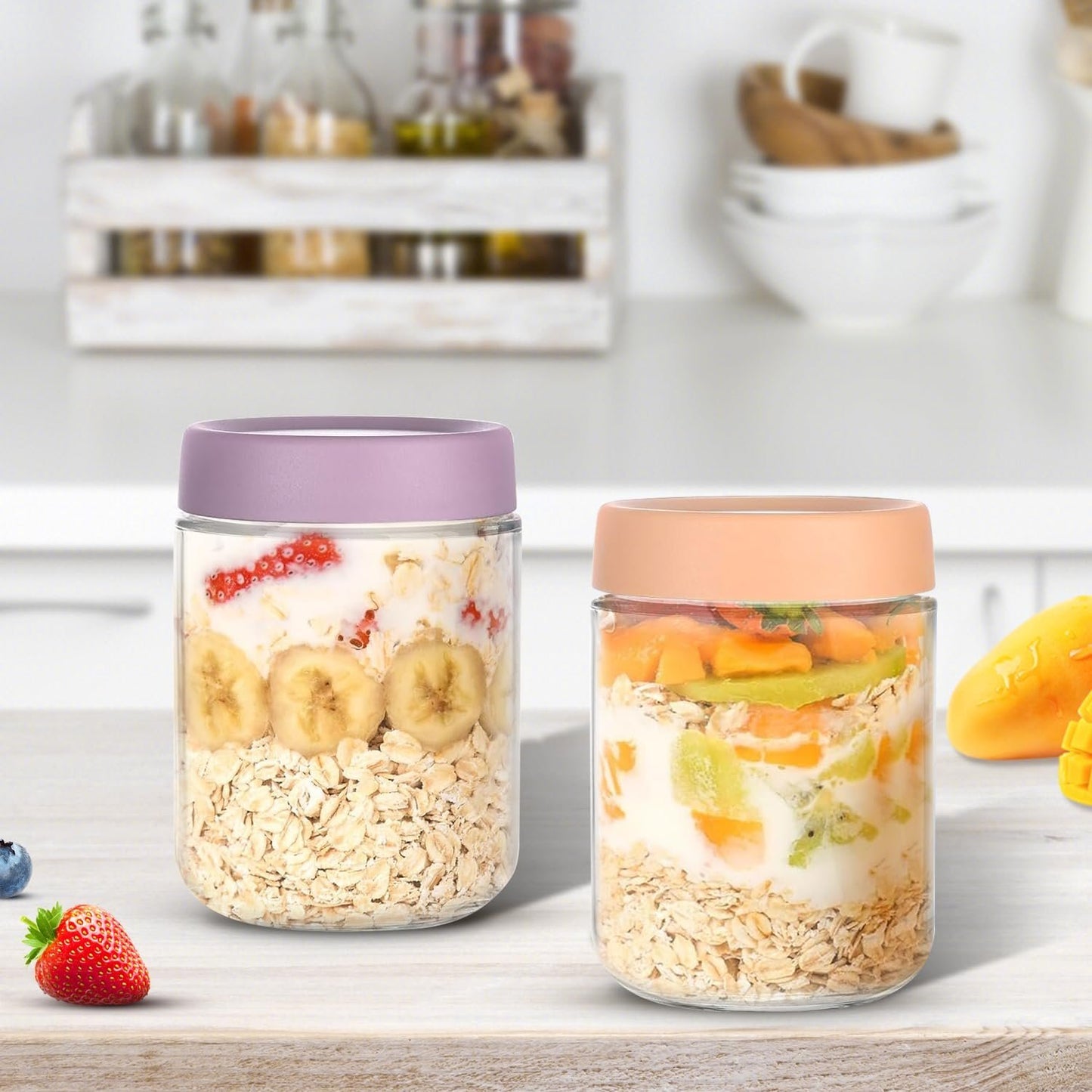 6 Pack Overnight Oats Containers with Lids, Glass Jars with Airtight Lids,Wide Mouth Mason Jars 500ml, Food Glass Storage Containers for Leftover, Snacks Yogurt Spice Suga (6)