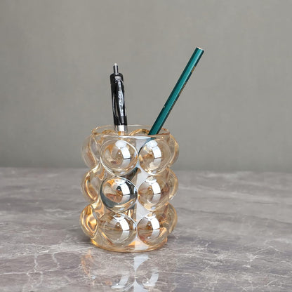 Pen Pencil Container Multi-Purpose Bubble Design Glassware Comb Makeup Brush Holder Office Desk Accessories Storage Cosmetic Tools Organizer Cup (Amber)