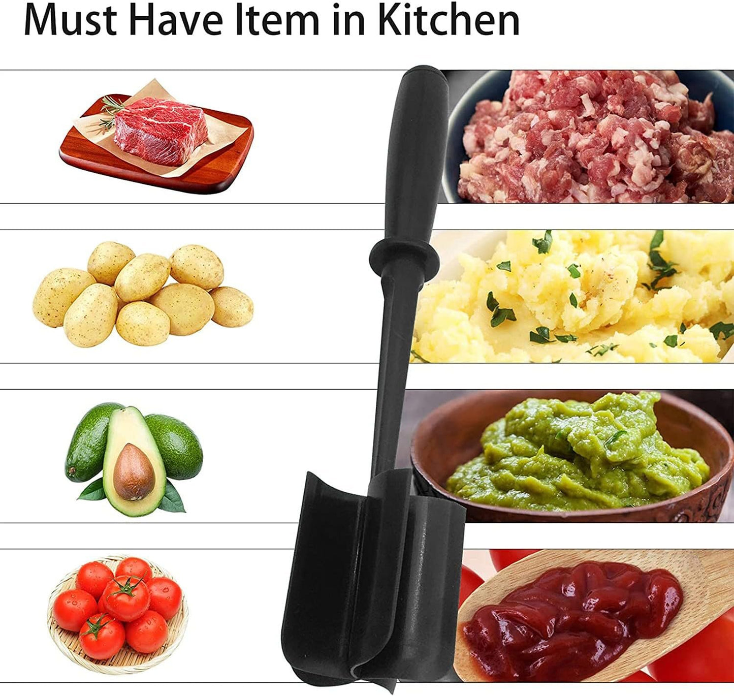 Meat Chopper, Multifunctional Heat Resistant Nylon Meat Chopper Tool with 5 Blades, Turkey, Potato,Hamburger Chopper, Ground Beef, Masher and Smasher for Kitchen (Black)