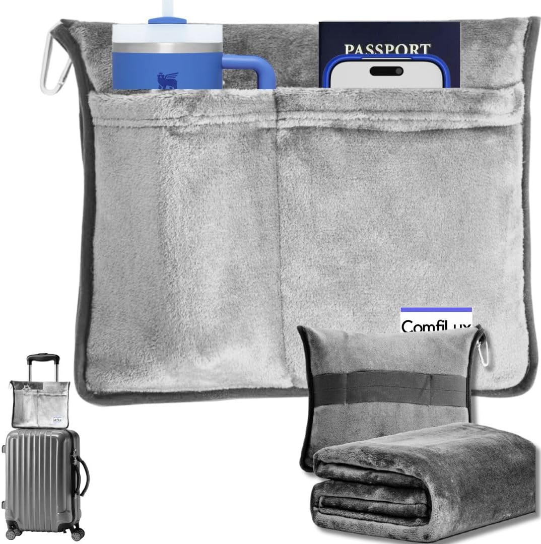 Travel Blanket Airplane Compact with Bag - Packable 2 in 1 Pillow and Blankets Set - Flight Organizer & Travel Essentials with Luggage Sleeve Pockets & Backpack Clip - for Plane, Car, Camping & Home!