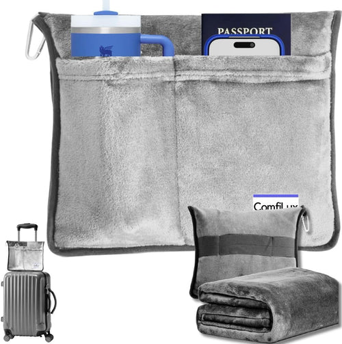 Travel Blanket Airplane Compact with Bag - Packable 2 in 1 Pillow and Blankets Set - Flight Organizer & Travel Essentials with Luggage Sleeve Pockets & Backpack Clip - for Plane, Car, Camping & Home!