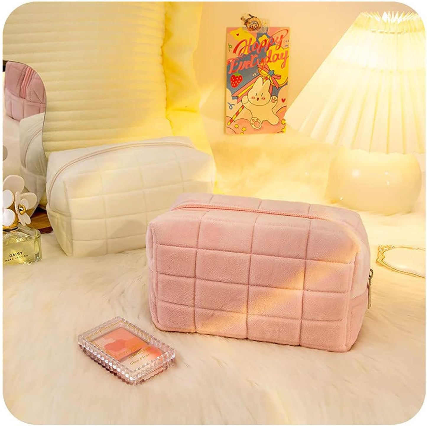 Plush Makeup Bag Cosmetic Bag for Women,Zipper Large Solid Color Travel Toiletry Bag Travel Make Up Toiletry Bag Pouch for Girls Student (Pink)