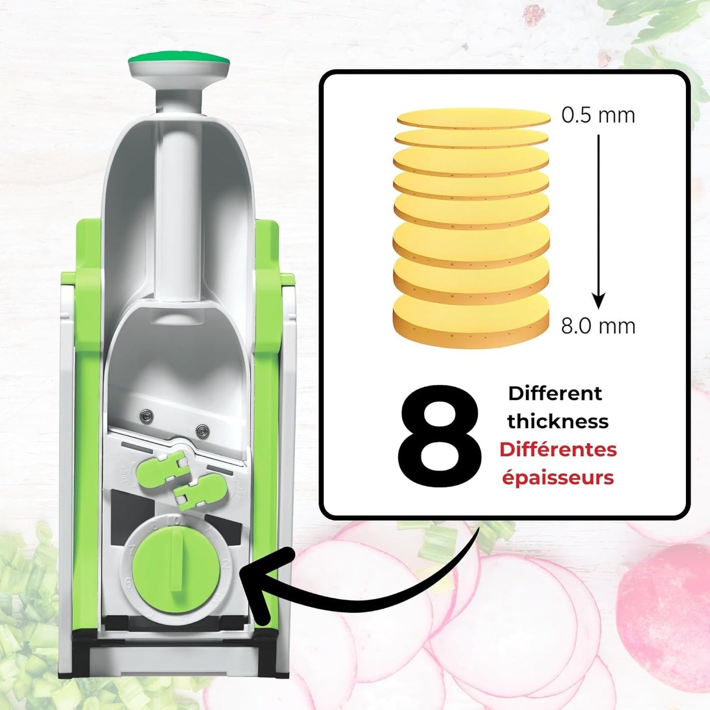 Starfrit Pump'n'Slice - Vertical Mandoline, Food Chopper, Slicer - Safe Enclosed Blades - Folds for Storage | Cleaning Tool -2-in-1