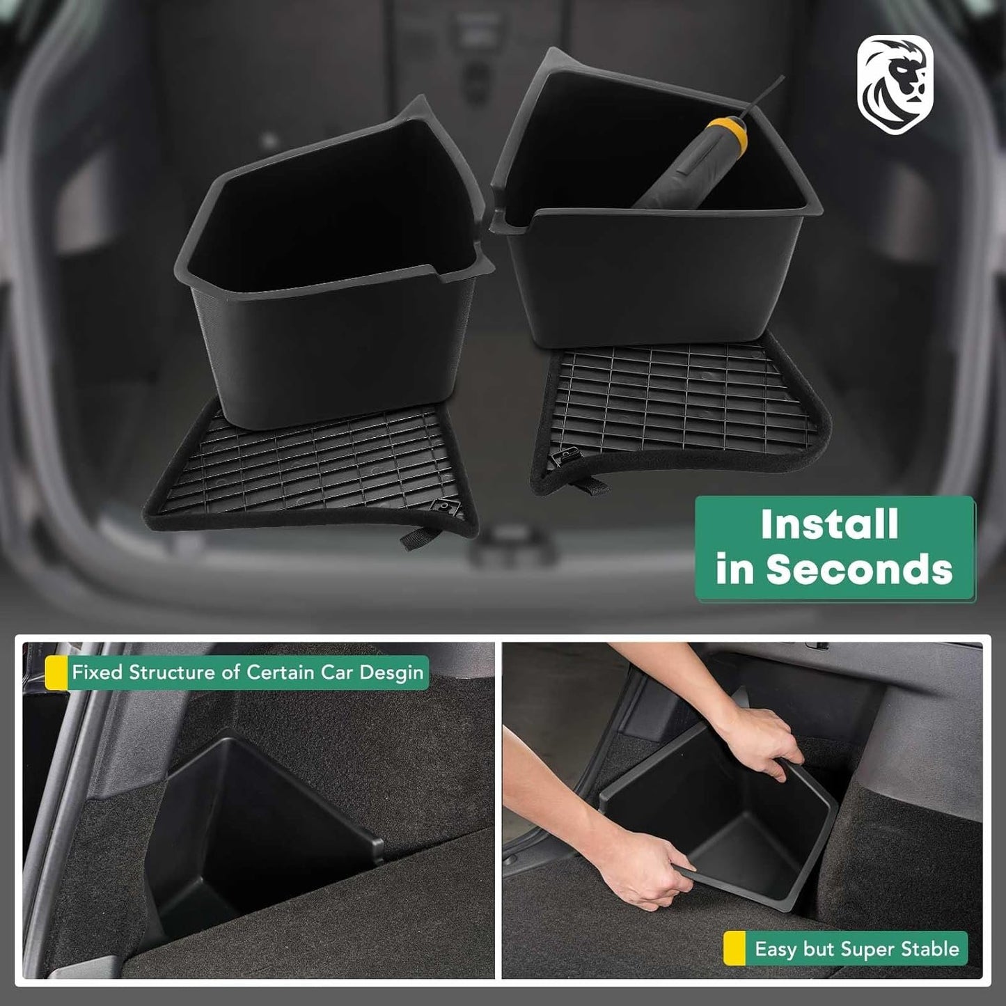 YHTAUTO 2 Pcs Trunk Side Organizer Storage Box with Lids Fit for Tesla Model Y Accessories 2022 2023 2024 Rear Trunk Storage Bins Flocking Waterproof Odorless (For 5-Seater, Not For 7-seat)