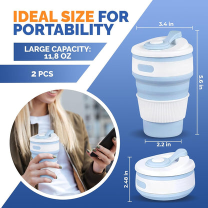 2-Pack Collapsible Coffee Cup Reusable â€“ 12oz Leakproof Travel Coffee Mug, Silicone, Foldable & Portable for Hiking, Camping, Office | Lightweight, Heat-Resistant, Easy to Clean, Outdoor & Travel Cup
