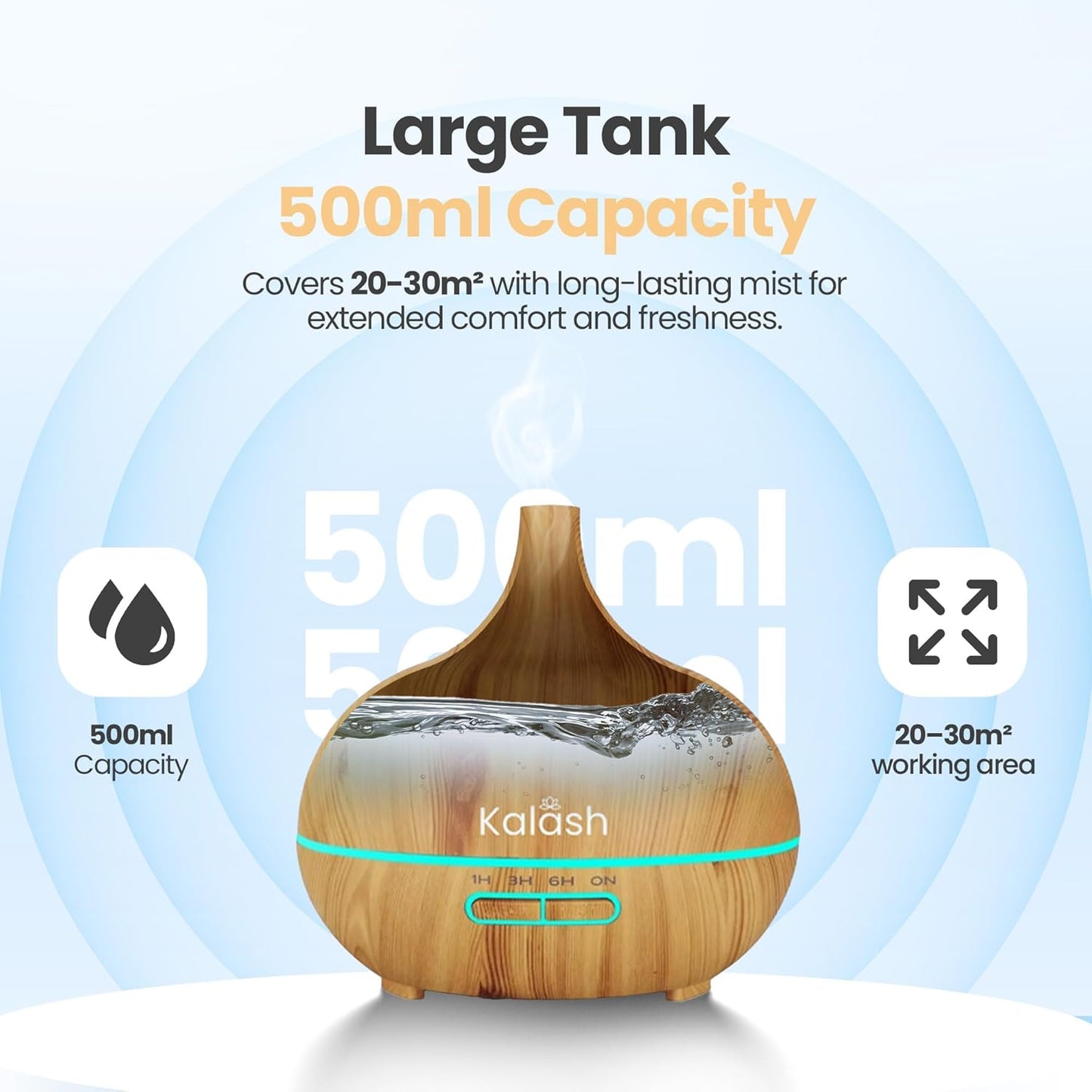 Kalash 500ml Essential Oil Diffuser & Humidifier – Ultrasonic Cool Mist Aroma Diffuser with Remote, 7 LED Lights, Timer, Auto Shut-Off | Oil Diffuser for Home, Yoga, Spa, Bedroom – Light Wood