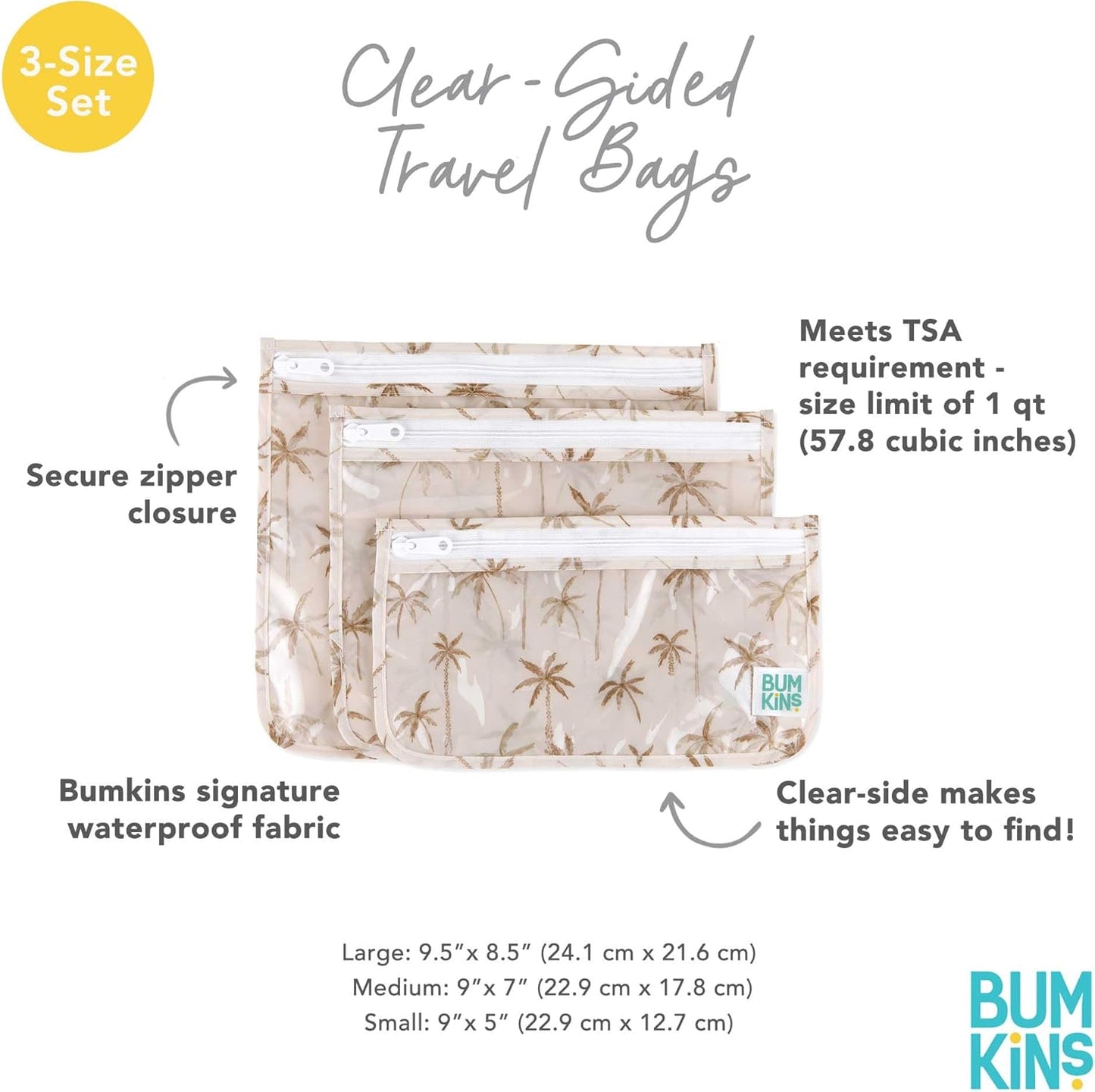 Bumkins Travel Bag, Toiletry, TSA Approved Pouch, Zip Bag, Quart Size Airline Compliant, Clear-Sided, Baby, Diaper Bag Organization, Makeup, Accessories, Packing, Set of 3 Sizes, Palm Trees