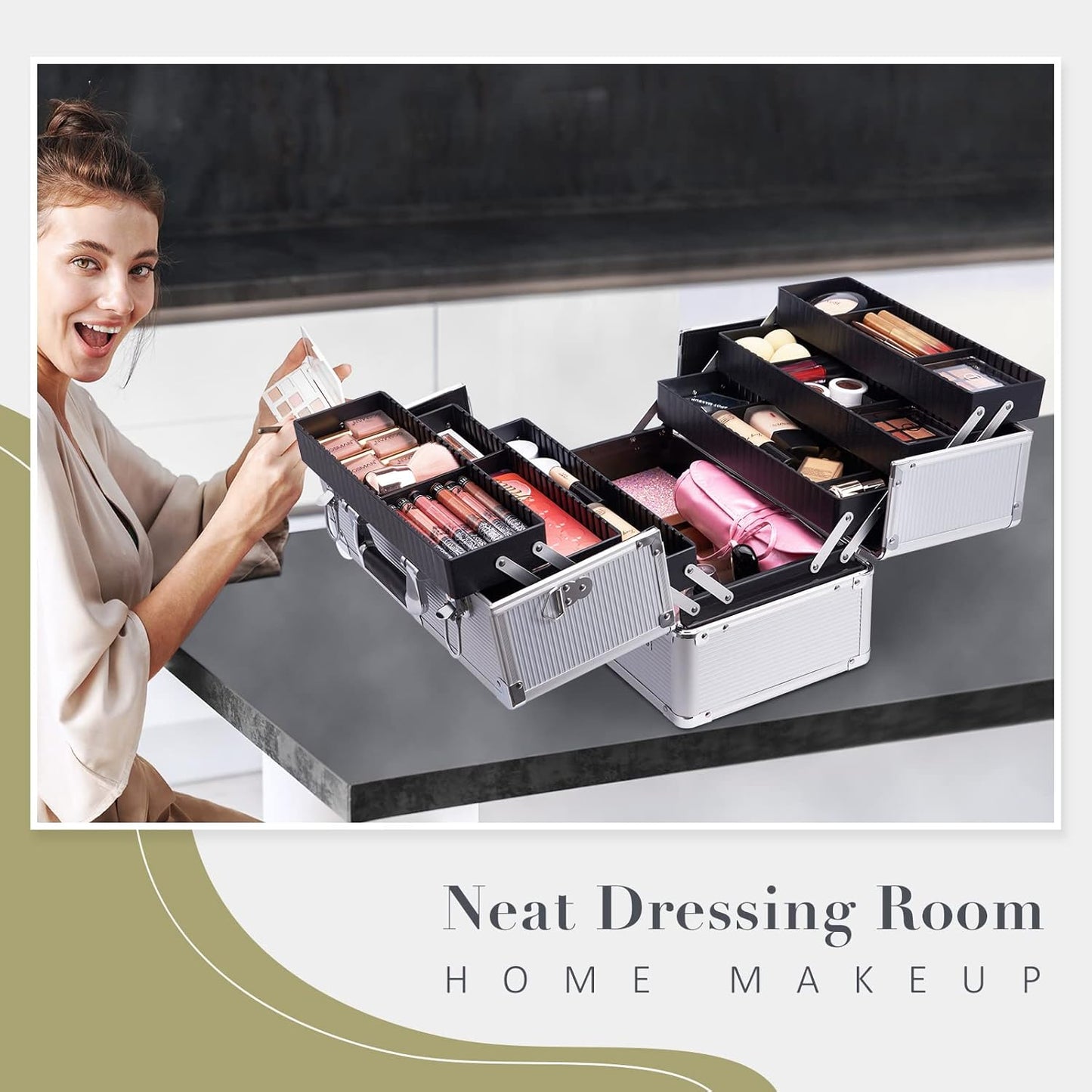 Joligrace Makeup Case for Nail Cosmetics Case Makeup Case Makeup Beauty Case Travel Case Professional Organizer Box Makeup Holder 6 Trays with Dividers and Shoulder Strap, silver, 36 cm x 22.5 cm x 27