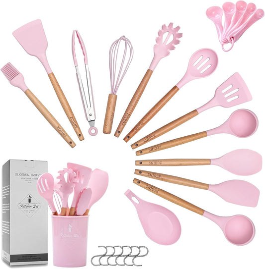 ZCOINS 18+6 PCS Silicone Cooking Utensils Set with Wooden Handles & Holder Kitchen Gadgets Kitchen Utensil Set, Pink Collection