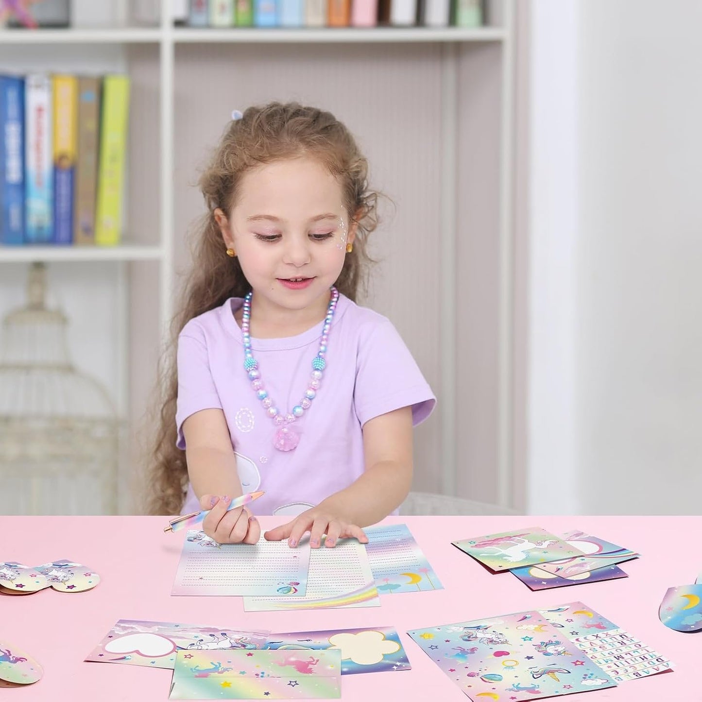 WERNNSAI Kids Stationery Set - 69 PCS Unicorn Girls Stationery Set Teens Pink Paper Letter Writing Set Stationery Writing Sheets with Envelopes Greeting Cards School Girls Unicorn Gift Set