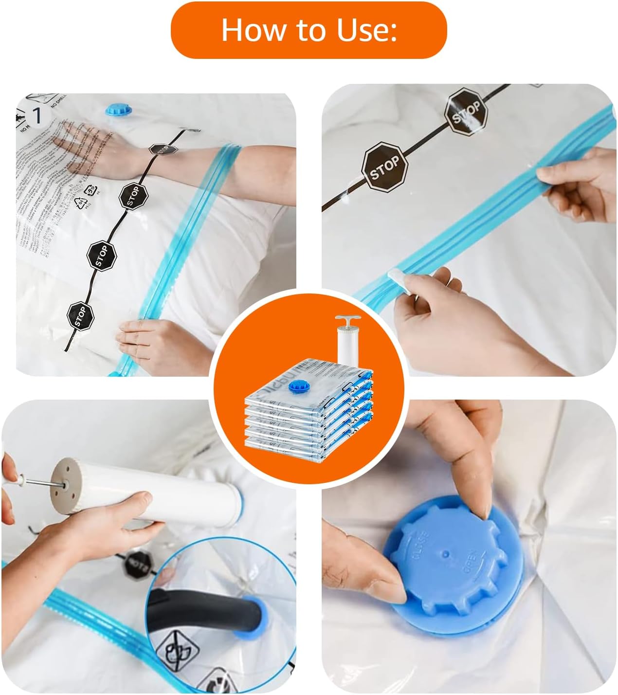 Amazon Basics Vacuum Compression Storage Bags with Hand Pump, 20 Pack (5 Small, 5 Medium, 5 Large & 5 Jumbo), Multiple Size, Clear
