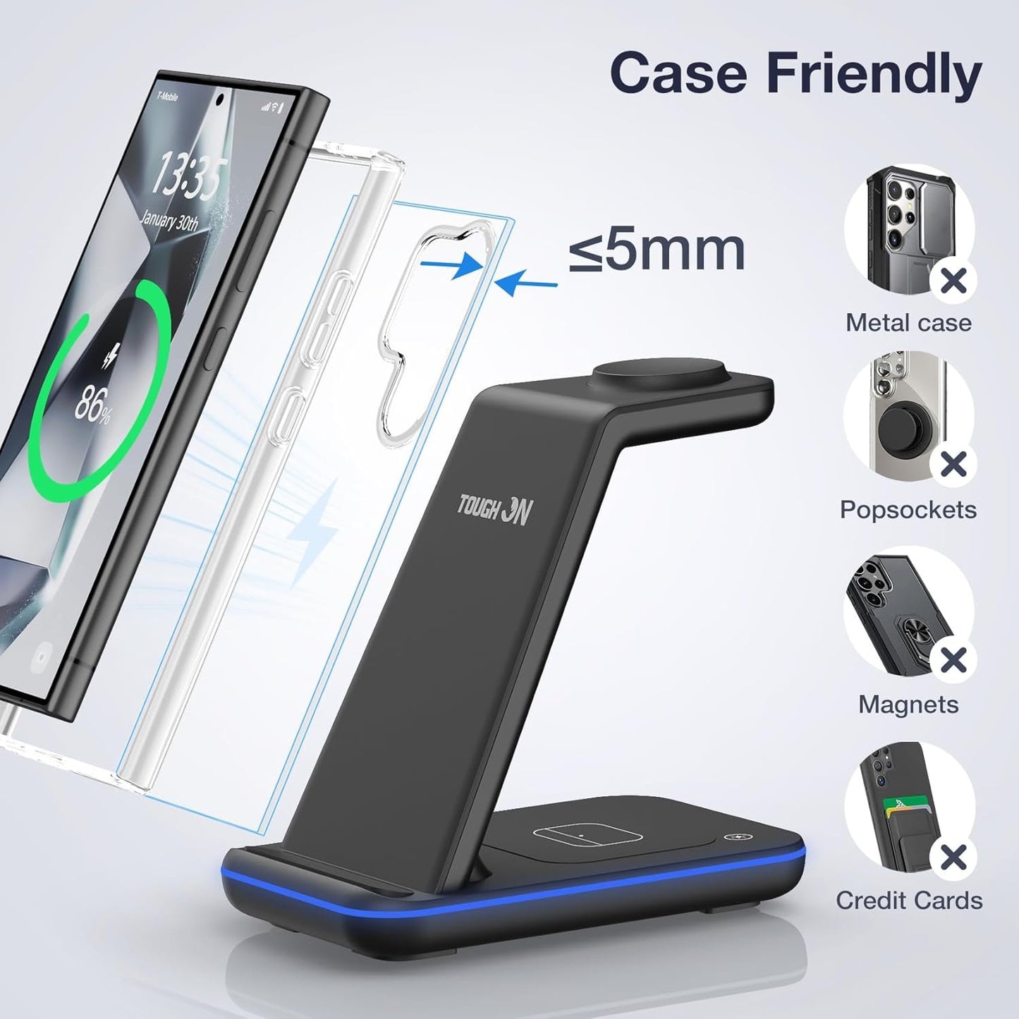 TOUGH ON Wireless Charger for Samsung, 3 in 1 Wireless Charging Station for Samsung Galaxy S25 S24 S23 S22 S20 Ultra Z Flip Fold 6/5/4/3 Galaxy Watch 7/6/5/4/3 Charging Station for Galaxy Buds