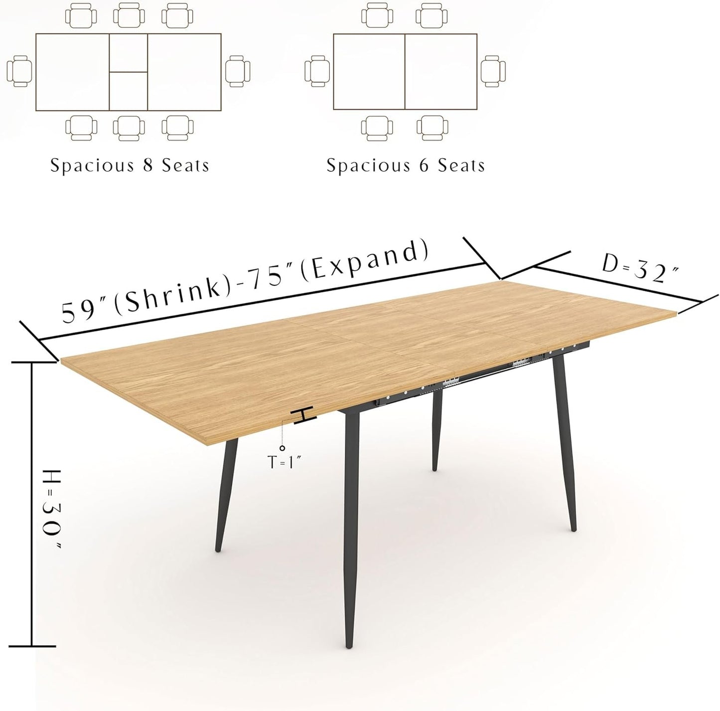 Rukulin 75" x 32" Extendable Dining Table - Rectangle Wooden Table Top with Metal Legs, Space-Saving Extendable 59" to 75" Dining Kitchen Table (Rectangle, Natural)
