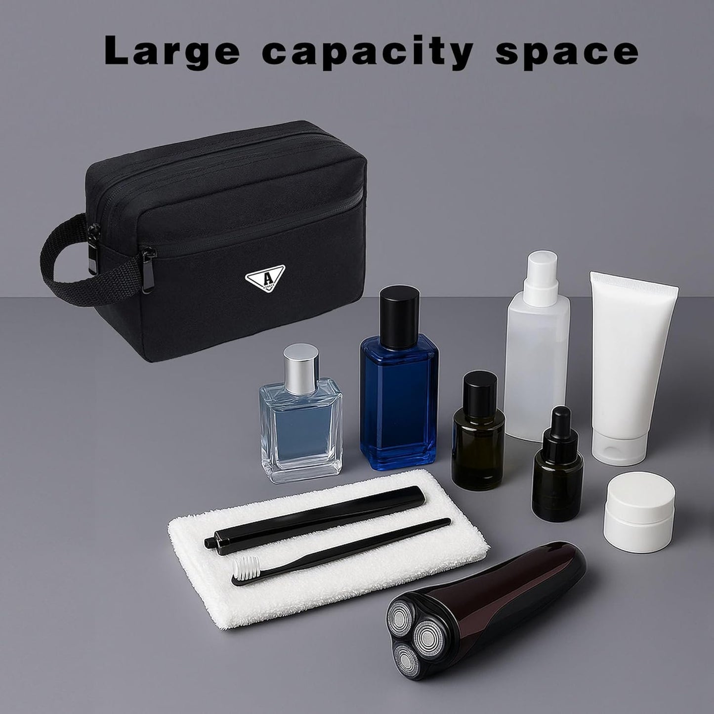RVOKYE Small Travel Toiletry Bag for Men Women Personalized Initial Toiletry Bag Water-Resistant Mini Bathroom Bag Compact Hygiene Pouch for Travel or Gym (P, Black)