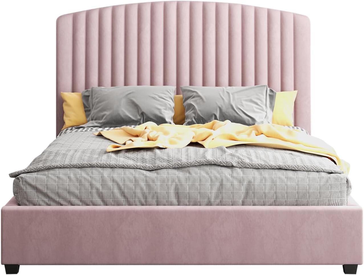 Pink Velvet Upholstery Quality Slats Metal Structure Bed Frame in Double Size