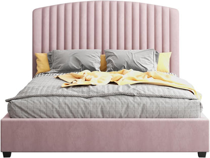 Pink Velvet Upholstery Quality Slats Metal Structure Bed Frame in Double Size