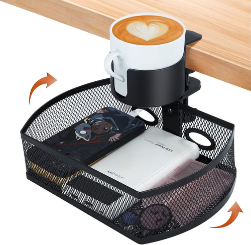 AnExer Under Desk Storage, Desk Cup Holder, 360 ° Rotary Desk Storage Organizer, C-clamp Mounting and Do Not Hurt The Table- Reduce Desk Clutter with Office Desk Basket & Clip on Cup Holder (Black)