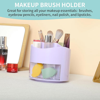 Desk Pencil Pen Holder 4 Slots 360-Degree Rotating Pencil Pen Organizers with Drawer Desktop Storage Stationary Supplies Organizer Pen Cup Pot for Desktop Accessories Office Classroom Purple