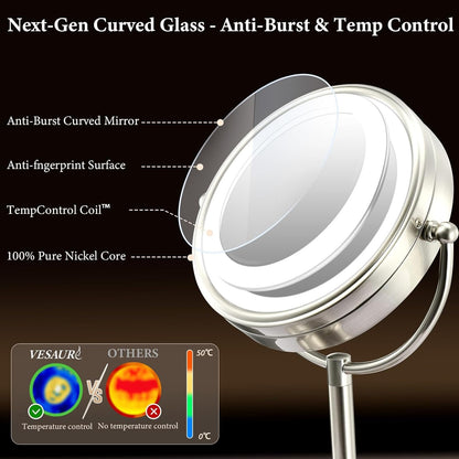 Professional 8.5" Large Lighted Makeup Mirror with Brighter Lights, 1X/10X True HD Magnifying Mirror with 3 Color Dimmable Lights, 80 Shadowless LEDs, 360°Swivel Seamless Vanity Mirror, Pearl Nickel