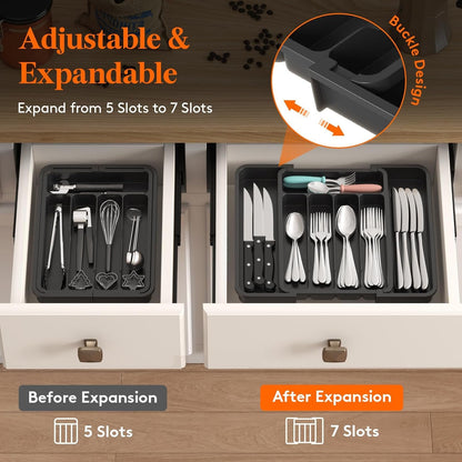 Lifewit Small Cutlery Organizer, Expandable Utensil Organizer for Kitchen, Utensil Holder, Adjustable Cutlery Rack Organizer for Spoons, Knives, Kitchen Organizers and Storage, Black