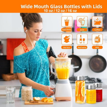 Glass Juice Bottles 4 Pack 12oz/400ml- Wide Mouth Glass Water Bottles with Lids - for Juicing, Smoothies, Milk, Protein, BPA Free, Reusable, Stainless Steel Lids, Leak Proof, Shaker bottle