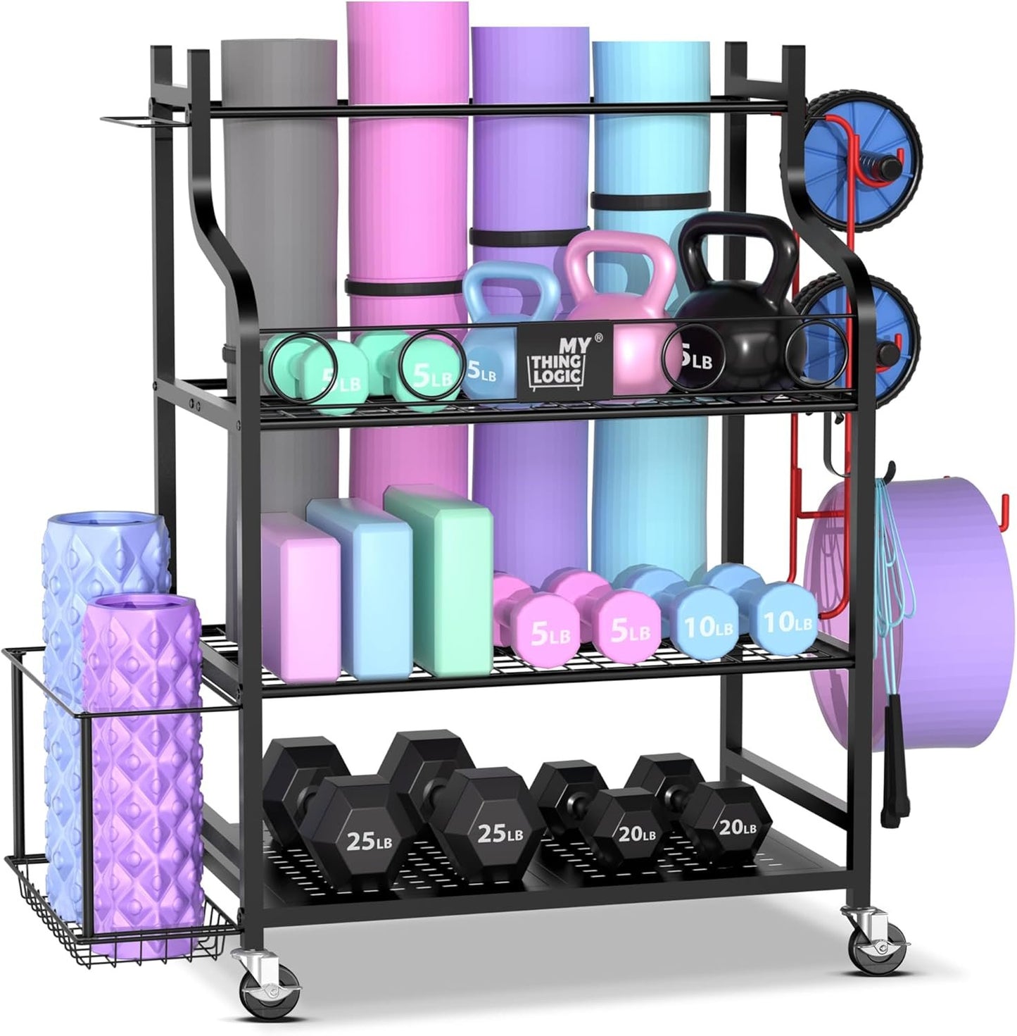 Mythinglogic Yoga Mat Storage Racks, Home Gym Storage Rack for Foam Roller, Resistance Band, Dumbbell, Kettlebell, Yoga Mat Holder, Workout Equipment Storage Organizer with Wheels and Hooks