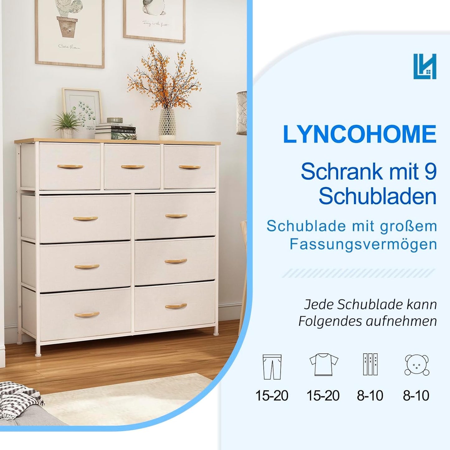 LYNCOHOME Chest of Drawers 9 Drawers Fabric Chest of Drawers Bedroom Storage Unit Bedroom Furniture Chest of Drawers for Kitchen Office Hallway