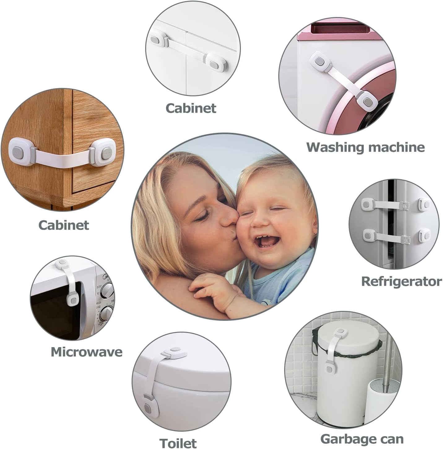 BillyBath Child Safety Latches, 6 Pieces, Cupboard Fridge Toilet Drawer Lock, No Drilling Needed, Grey