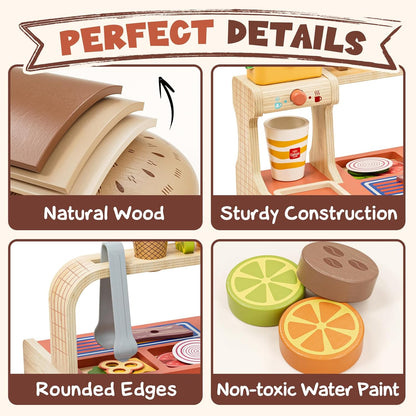 Lehoo Castle Play Food, Pretend Play Toys, 3 Year Old Girl Gifts, Wooden Play Kitchen for Kids Includes Hamburger Shop, Sandwiches, Hot Dogs, Menu Role Play Toys