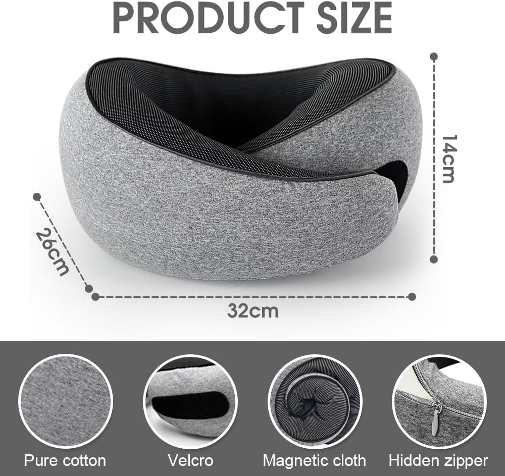 Sonicefit Neck Travel Pillow for Airplanes, Memory Foam 360 Degree Support Pillow with Removable Cover, Compact and Ergonomic Neck Pillow for Travel Home Cars Office, Lightweight & Portable (Gray)